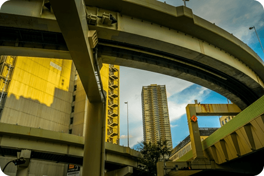 City highway junction at sunset